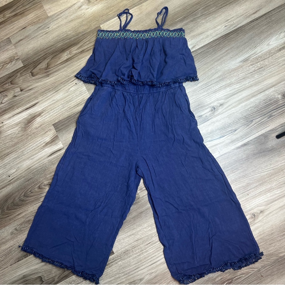 Gigio | Blue Tassel Boho Hippie Wide Leg Jumpsuit Pockets size L